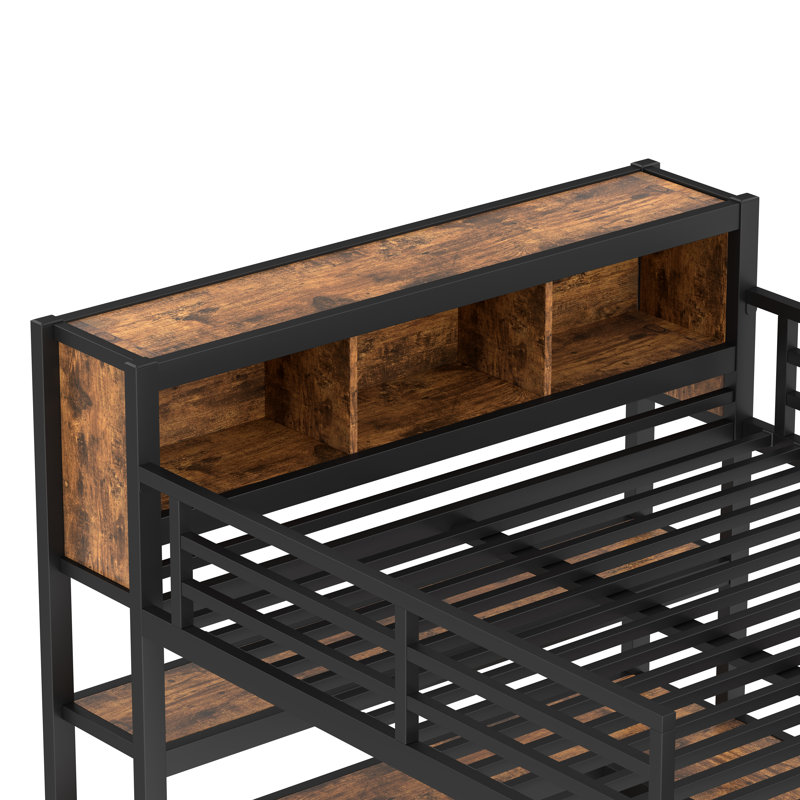 Queen Size Metal Loft Bed with Wardrobe and L-Shaped Desk, Storage Cubes & Shelves, Heavy Duty Loft Bed, Black Woodgrain