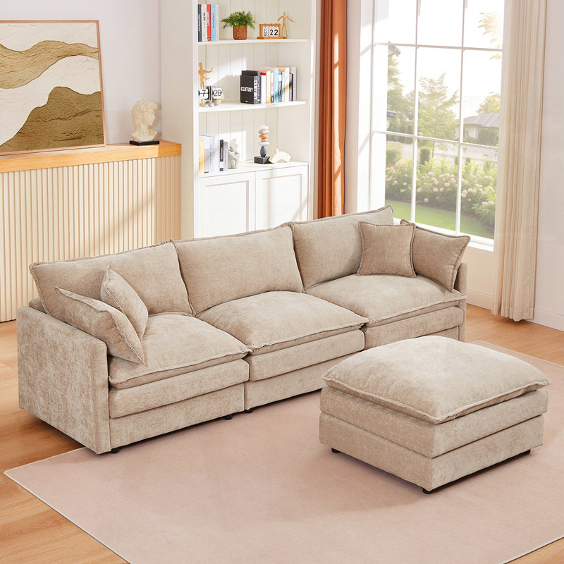 3-Seater Comfy Cloud Couches With Movable Ottoman, Coffee