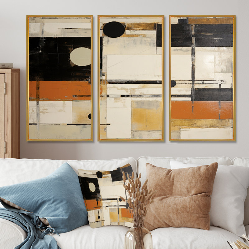 Modernisme orange noir beige - ensemble de décoration murale abstrait, Cadre flottant doré, H 40 po x l 60 po x P 1 po