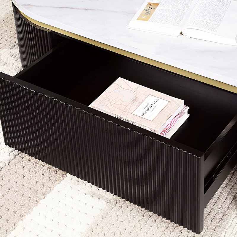 Table basse glamour: faux marbre, structure en métal et rangement moderne, acier doré, Noir / noyer foncé