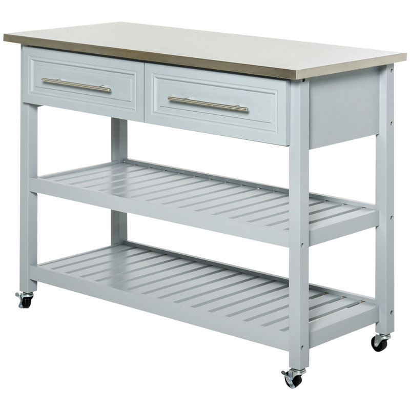 Kitchen Island With Stainless Steel Top, Traditional Kitchen Island With Storage, 2-Tier Open Shelves, Drawers, Light Gray