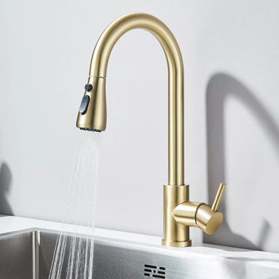 Kitchen Faucets with Pull Down Sprayer, Leak-Proof Stainless Steel Lead-Free Single Handle 1 Hole for Family Kitchen Commercial Camper Laundry Rv Bar Brushed Gold Bar Sink Faucet