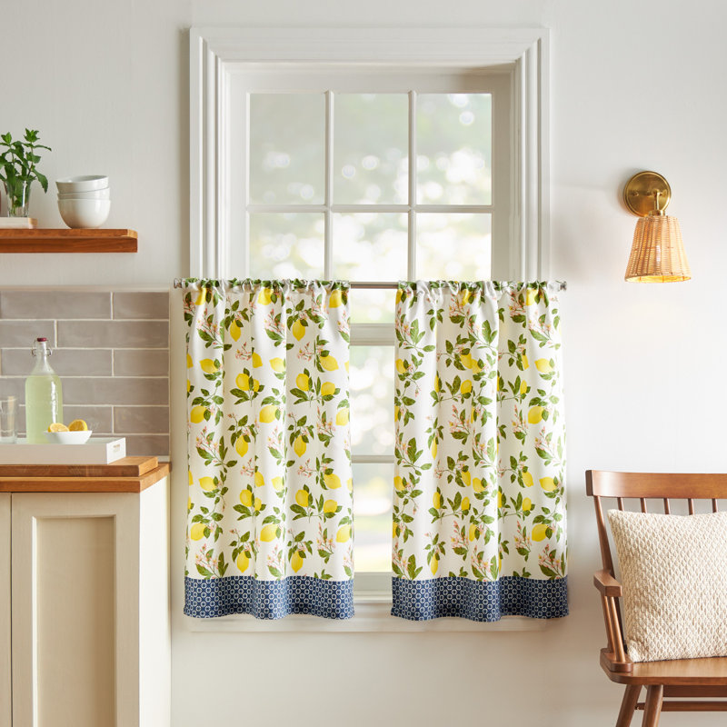 Blue and Yellow Lemons Light Filtering Cotton Polyester Kitchen Curtain Set