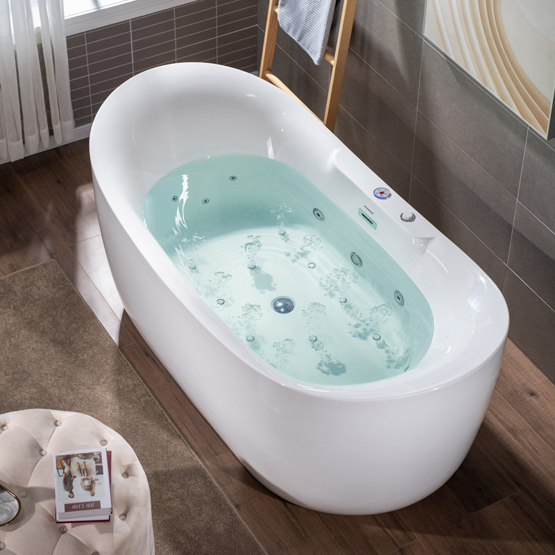 72" Whirlpool Water Jetted & Air Bubble Freestanding Heated Soaking Bathtub with LED Control Panel, Chome