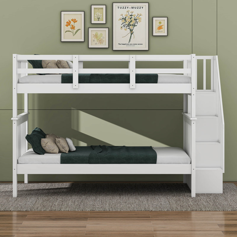 Lit superposé double en bois avec rangement, Blanc