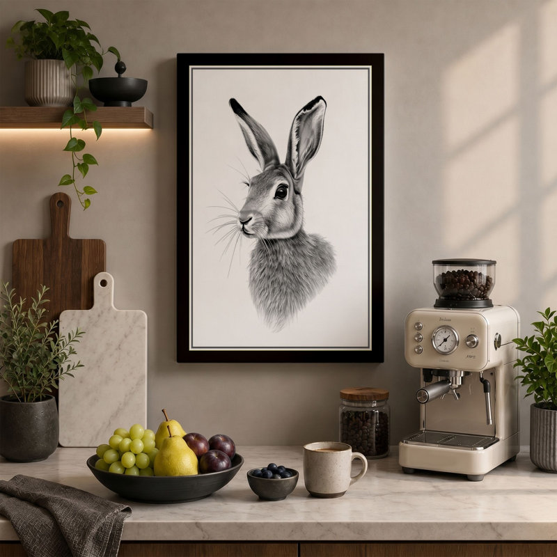 Hare Head Study Japandi - Wrapped Canvas, 30x20 - 76.2 x 50.8 cm, Taupe Border