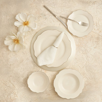 Karaca Almond 24-Piece Porcelain Dinner Set for 6 People, White Platinum