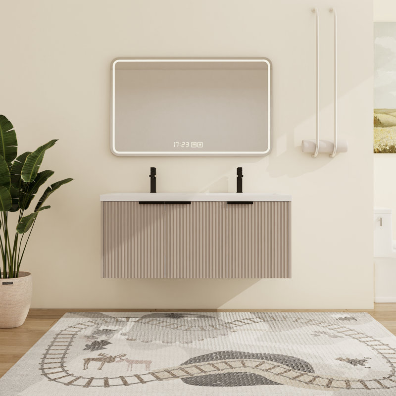 Meuble-lavabo double mural 48 po avec plateau en résine Farnor, Kaki, 48"