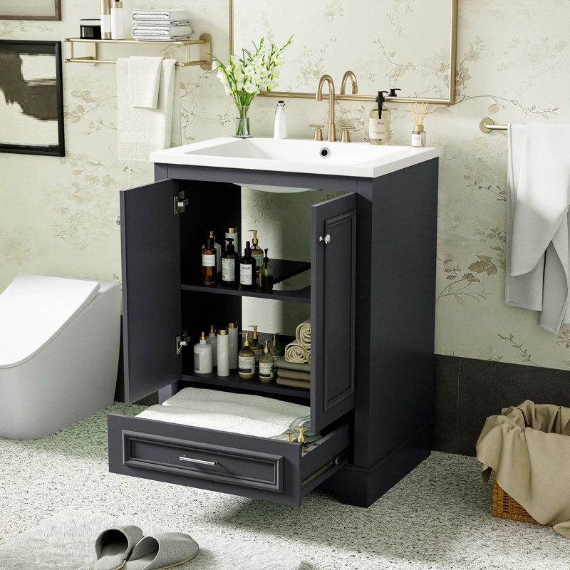 Ensemble de meuble-lavabo 24 po avec lavabo en céramique, armoire de rangement autoportante moderne avec poignées argentées, portes à fermeture douce