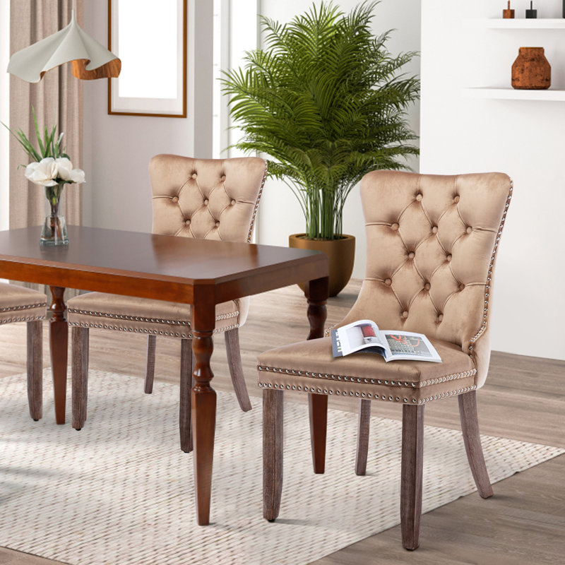 Tufted Velvet Wing Back Side Dining Chairs, Brown, Khaki