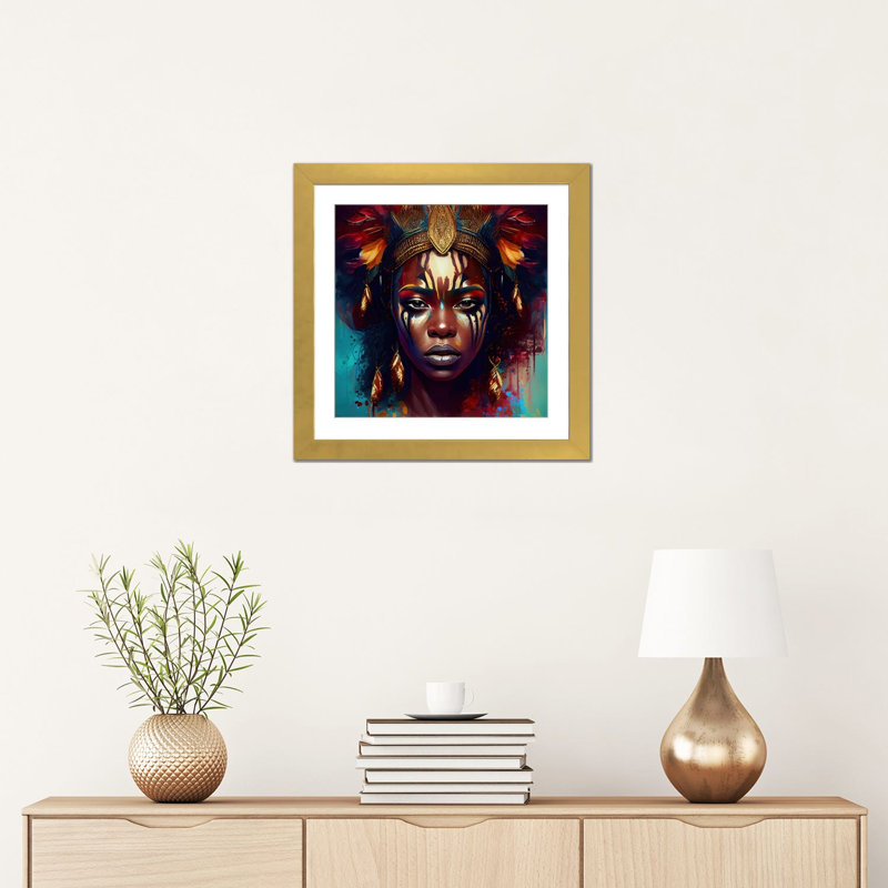Powerful African Warrior Woman III, Gold Open Corner Frame Paper, 16" H x 16" W x 1" D