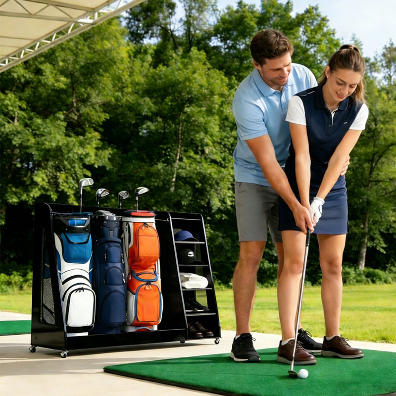 47.24'' Wooden Golf Bag Organizer, Mobile Golf Bag Storage Rack Stand with Rolling Wheels, Large Capacity Golf Club Storage Shelf for Garage Shed Basement Home Golf Room