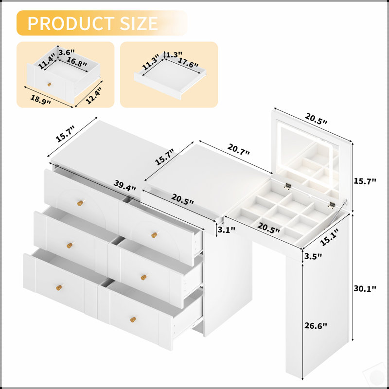 Bureau de coiffeuse multifonctionnel avec miroir à DEL, éclairage réglable et rangement abondant pour les chambres à coucher modernes