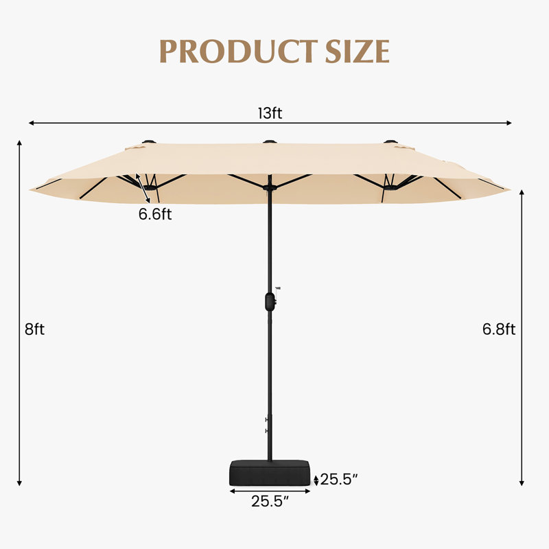 Parasol de patio à double face de 13 pieds avec verrou de sécurité à base de manivelle, Beige