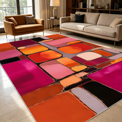 1PC Rounded Geometric Block Warm Tone Abstract Art area rugs for Living Room, Soft and Comfortable, Suitable for all seasons, easy-to-maintain, machine washable, suitable for bedroom, kitchen, entryway, patio, Home Decor, Outdoor Decor.