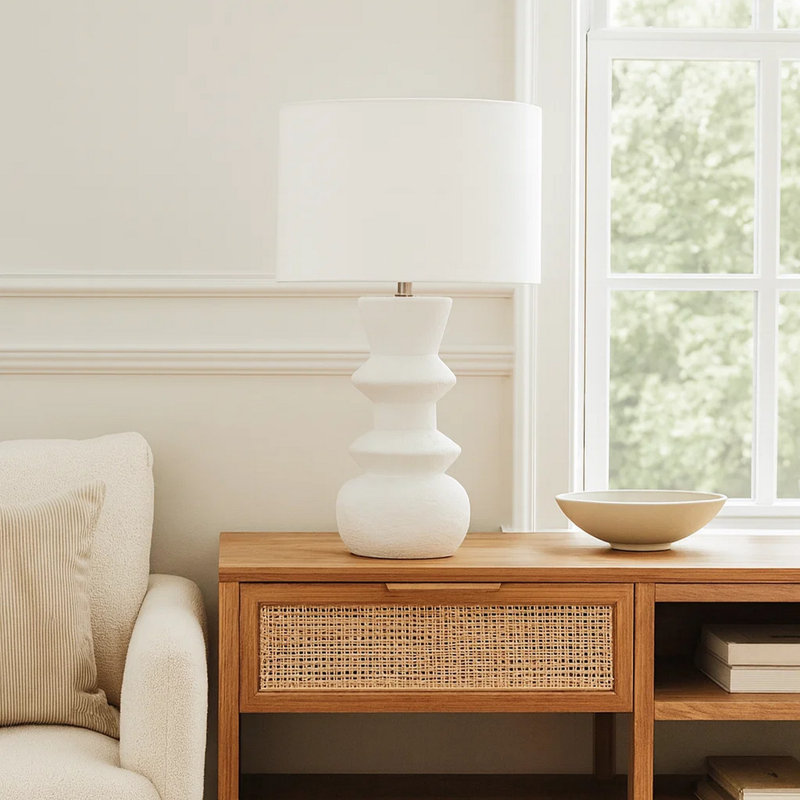 Vyna Accent Table Lamp, 26 Inch Ceramic Turned Body, Ivory Drum Shade, Ivory