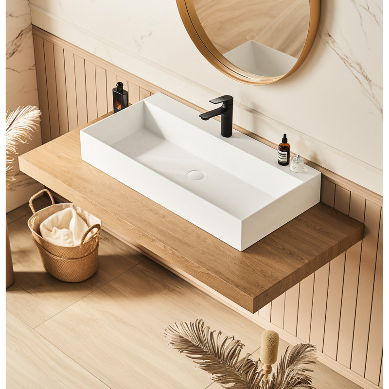 Évier vasque rectangulaire à fixation murale 36 po x 18 po blanc mat avec trou pour robinet. Salle de bain spacieuse pour un intérieur de bain élégant. Qualité de fabrication. Facile à installer Garantie moderne