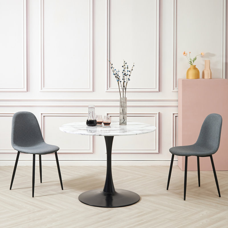 Killion 100 Cm Pedestal Engineered Marble Dining Table, White, Black, 75" H x 80" W x 80" D