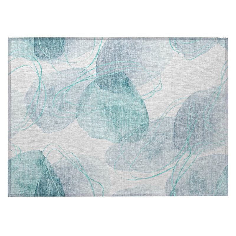 2' X 3' Teal and Ivory Abstract Washable Non Skid Indoor Outdoor Area Rug