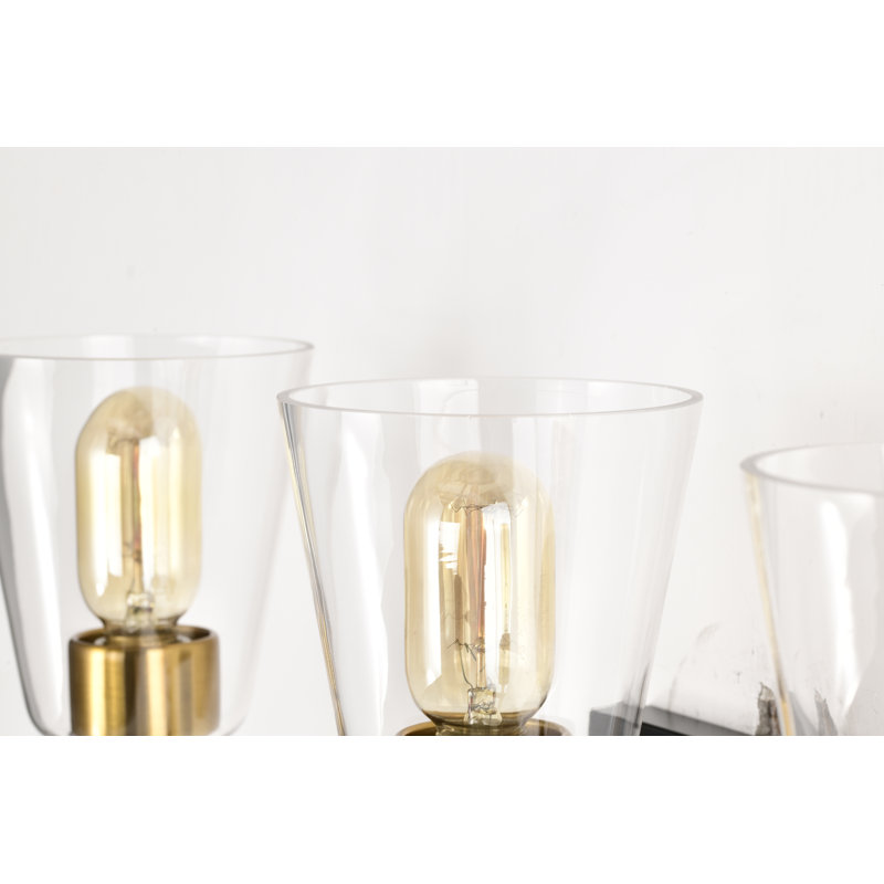 Meuble-lavabo 3 lumières noir mat avec abat-jours coniques en verre transparent, Noir/laiton antique