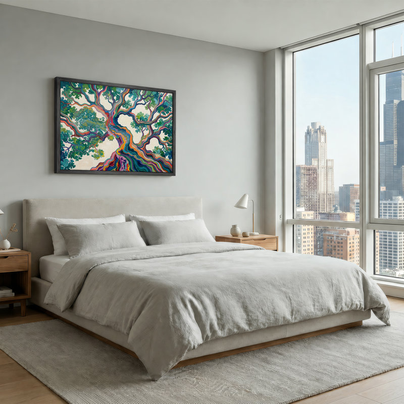 Tableau sur toile représentant des branches d'arbre arc-en-ciel multicolores et des feuilles vertes, H 36 po x l 48 po