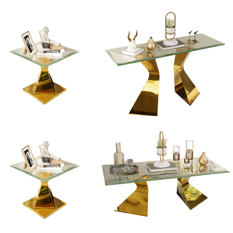 4 Piece Glass And Silver Living Room Table Set Of 4 Coffee Table Set With End Table And Console Table, Gold