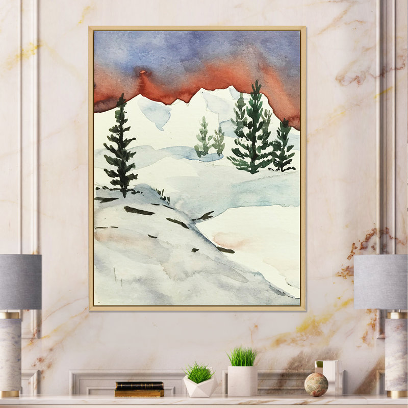 Sapins sur une montagne enneigée - reproduction sur toile, Toile avec cadre en érable, H 32 po x l 16 po
