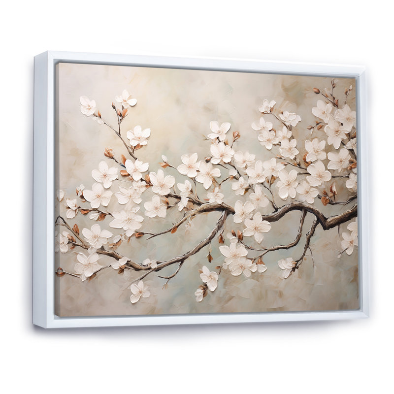 Minimalisme blanc et gris Cherry Blossom III - art mural Cherry Blossom, H 30 po x l 40 po x P 1,5 po, Cadre flottant blanc