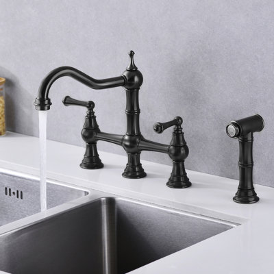 Bridge Style Kitchen Faucet With Dual Handles In Matte Black And Pull-Out Side Spray, 360 Turning High Penetrating, Rust, , Leak-, Brass Produced Handle Rotating Flow, Fabricated
