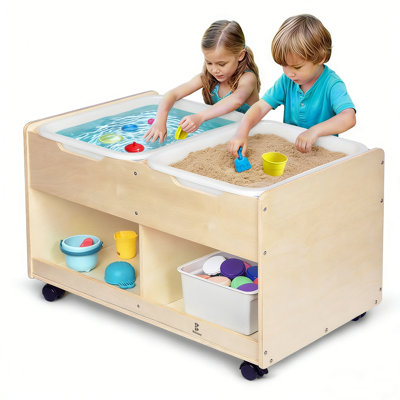 KRAND Sand & Water Activity Table for Kids, Sensory Table with Dual Bins, 2 Bottom Storage Compartments & Lockable Casters for Indoor & Outdoor Play