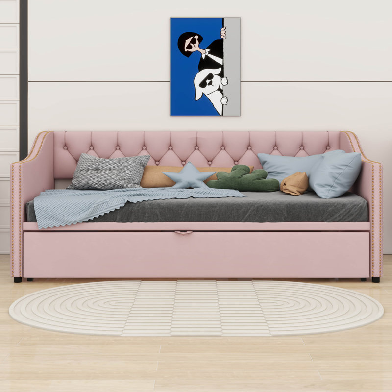 Lit de jour simple tapissier avec couchette escamotable, Rose