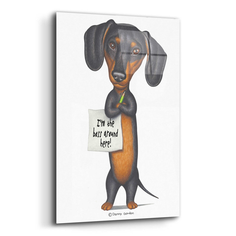 Teckel noir tenant un crayon vert sur plastique / acrylique, H 16 po x l 12 po x P 0,13 po