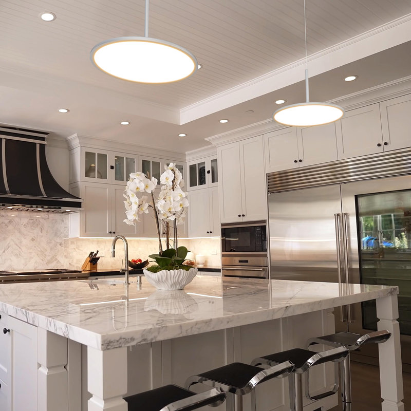 Salm 17" LED Circular Pendant Light with Adjustable Height, White, 15" H x 17" W x 17" D