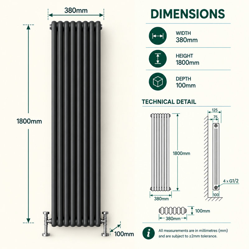 Uxbridge Vertical Traditional Colosseum Radiator, 1800mm H x 380mm W x 130mm D, Anthracite