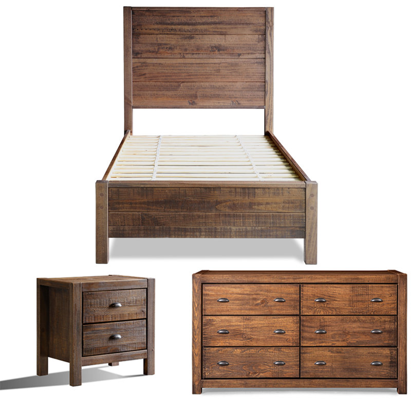 Montauk Solid Wood Bedroom Set, Rustic Walnut, Twin, 3 Pcs: Bed, Nightstand, Double Dresser