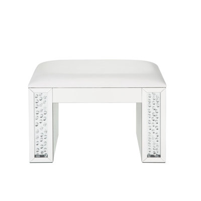 Faux Crystals Mirrored Synthetic Leather Vanity Stool Rectangular Armless Backless Seat With Padded Pu Cushion And Beveled Glass Finish 4mm Tempered Ready - To Use Plain Crystal Inlay Put Up