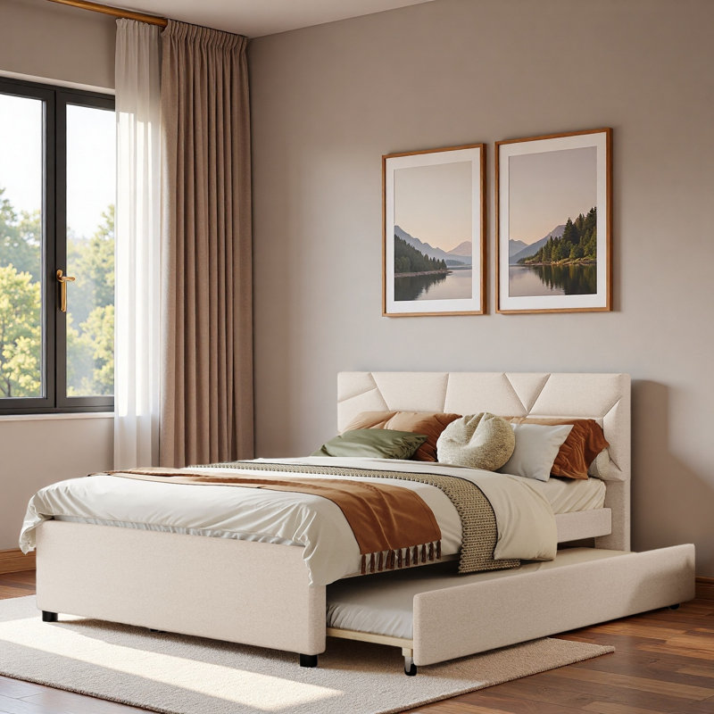 Upholstered Platform Bed With Brick Pattern Headboard And Trundle, Beige