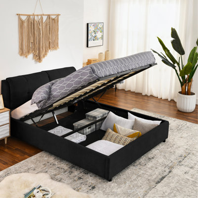 Queen Size Storage Upholstered Hydraulic Platform Bed With Integrated Headboard, Chenille Fabric, Black