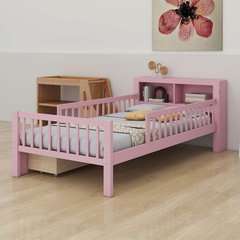 Lit avec support de tête de lit, deux tiroirs sous le lit, trois barrières de sécurité pour plus de sécurité, Pink