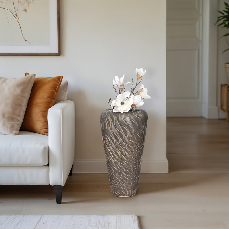 Vase Stoneware Sculpted Wavy Textured Design for Home Office Bedroom or Living Room Decor - 24" Brown