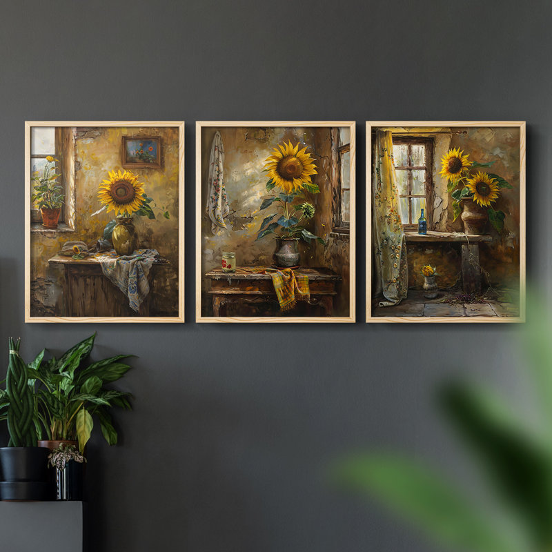 Floral Study  Series  CLXIX  -Set Of 3 Framed Giclee Prints -Ready to Hang, 10" H x 8" W, Natural Framed