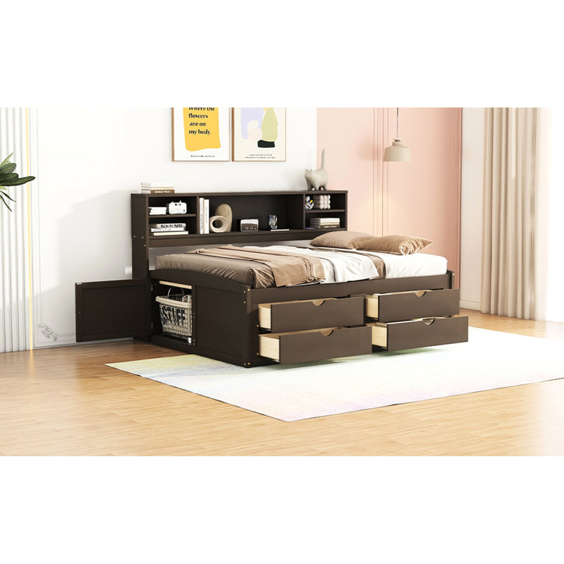 Allcot 4 Drawers Storage Daybed with Bookcase and Cabinet, Brown