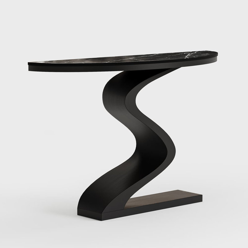Modern 39.4" Curved Console Table with Sintered Stone Top Half Moon Shape, Black/Black