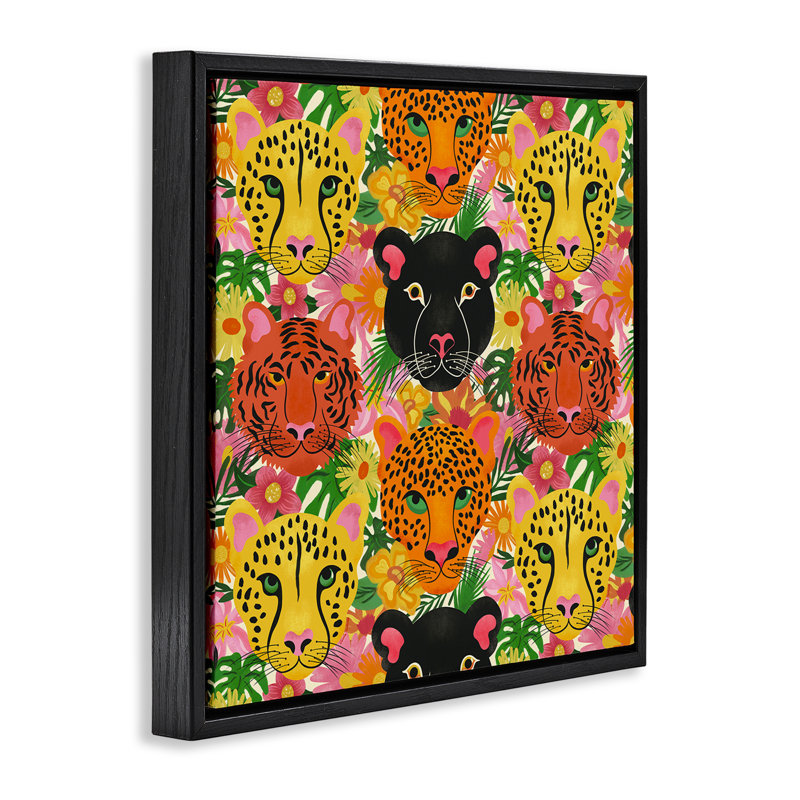 Cadre flottant Jungle Cats, par Carrie Cantwell, Cadre flottant noir de jais, H 18 po x l 18 po