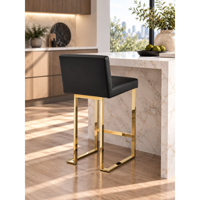 Pangea Home Dexter Faux/Vegan Leather Bar Stool - 26" Seat Height – Modern Upholstered Bar Chair with Steel Metal Legs - Indoor - Bar, Dining, Kitchen - Black with Gold Legs