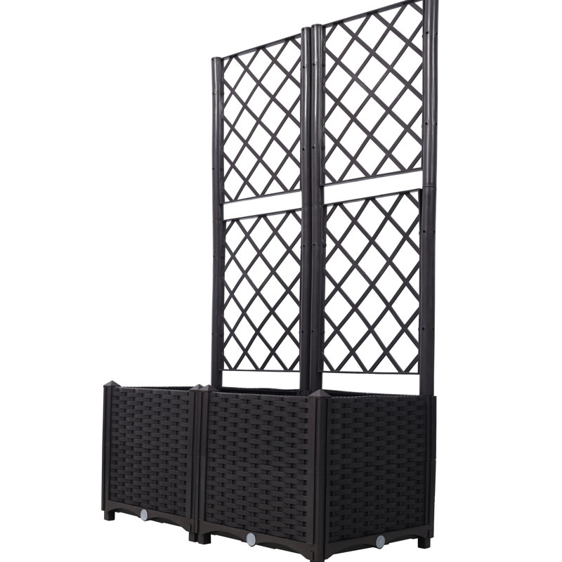 Lit à fleurs surélevé Vishrut Brown Trellis - 2 pots amovibles avec drainage et décoration de jardin extérieur en polypropylène auto-drainant