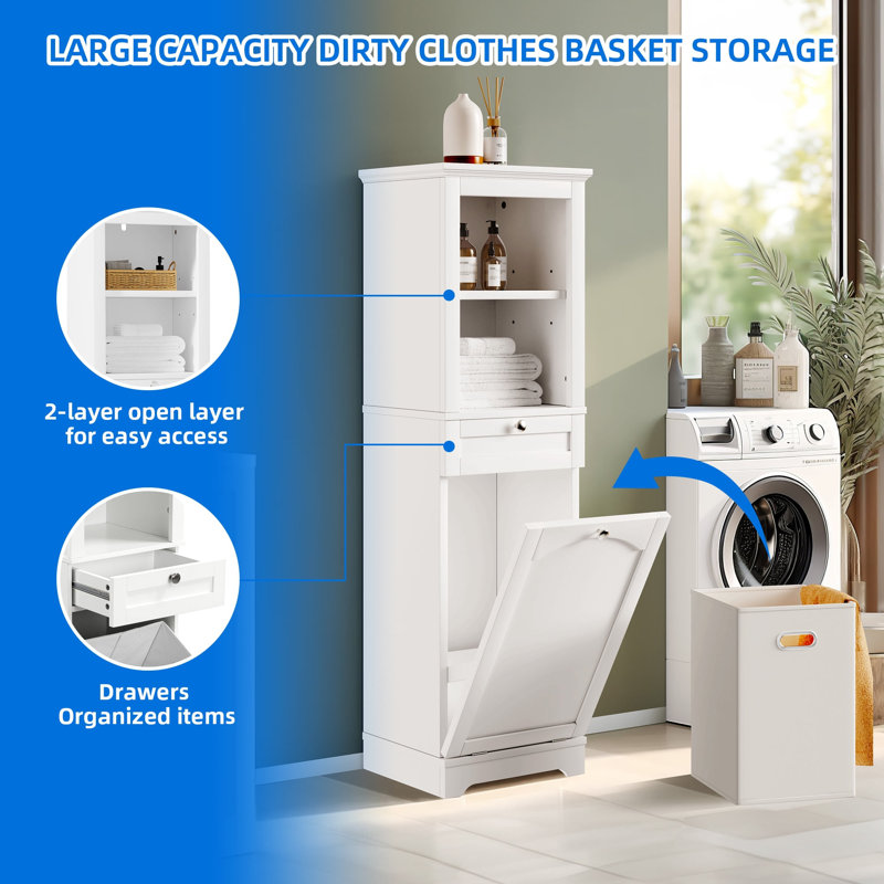 Armoire de rangement autoportante avec panier à linge avec tiroir, Blanc