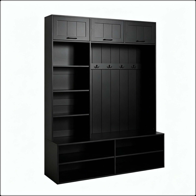Arbre d'entrée 76,9 po avec banc, rangement pour chaussures et 4 crochets, Noir