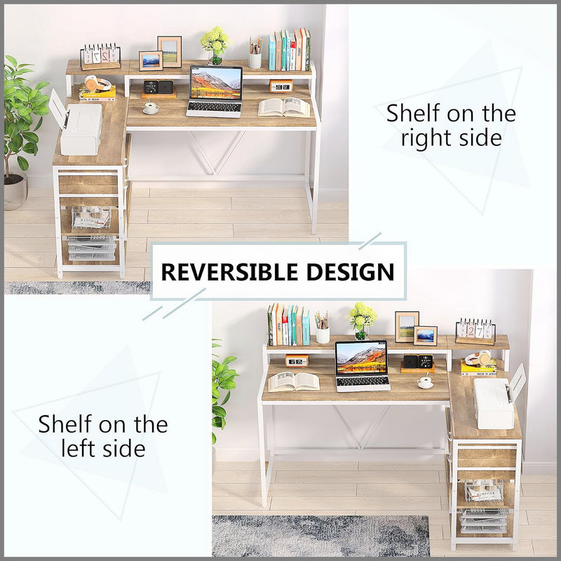 Bureau de bureau en L de 55 pouces avec rehausse de moniteur, tiroirs et tablettes de rangement pour petits espaces, table d'écriture Farmhouse