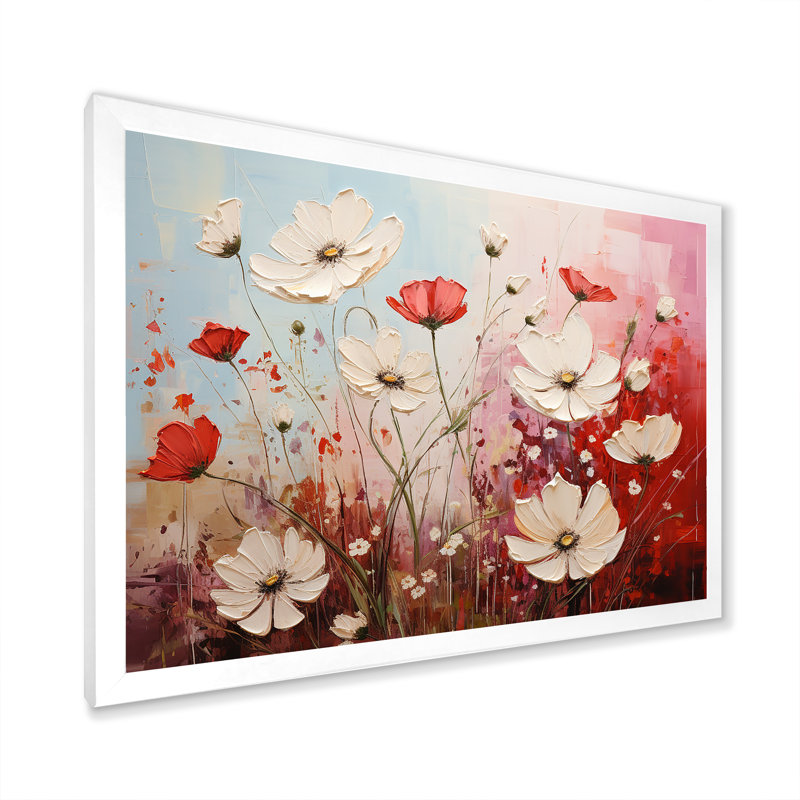 Pétales de cramoisi blancs et rouges dévoilés sur toile, Cadre simple blanc, H 16 po x l 32 po x P 0,5 po
